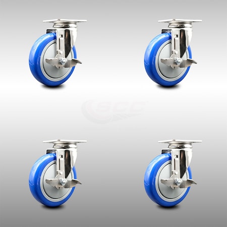 5 Inch 316SS Blue Polyurethane Wheel Swivel Top Plate Caster Set With Brake SCC